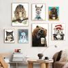 Funny Animal, Tiger, Owl, Dog, Cat Drinking Coffee, Poster, Canvas, Painting, Lama, Latte, Coffee, Art Painting for Decoration Cafe