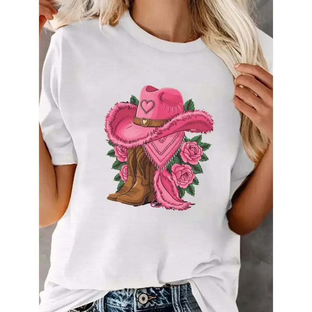

Женская футболка с принтом в виде ковбойской шляпы и сапог в западном стиле, модная повседневная футболка с короткими рукавами и круглым вырезом для ежедневной носки 5XL