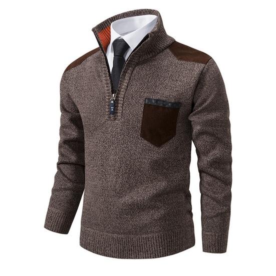 Fall Winter Men Sweater Zippered Stand Collar Long Sleeves Knitted Thick Chest Pocket Pullover Slim Fit