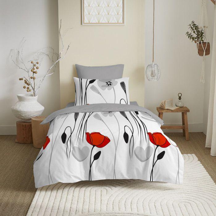 Pack complet housse de couette réversible pour lit 90 x 190 cm Coquelicot