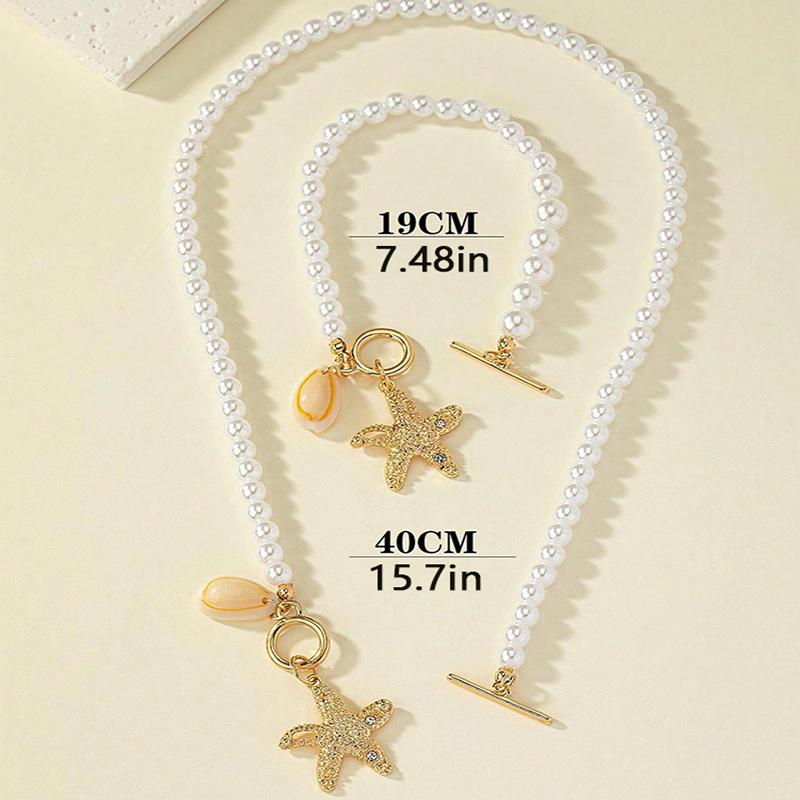 Obega 2 PCS Jewelry Set Imitation Pearl Girly Gold Color Starfish Pendant Necklace Bracelect With Shiny Crystal Stone Jewelry