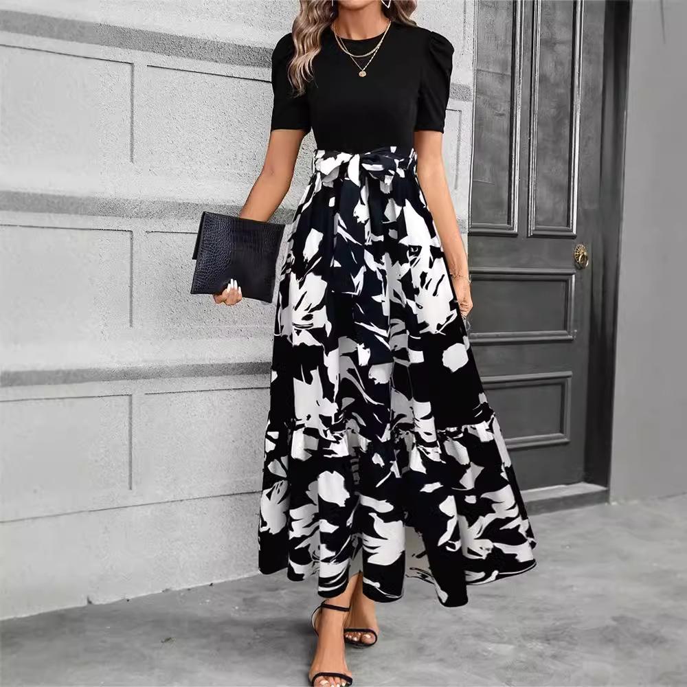 Women's Floral Print High Waist Elegant Dress - European & American Fashion