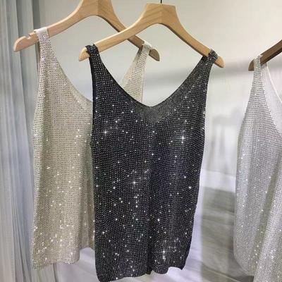 Spicy Girl Hot Diamond Collar Knitted Strap Top Women's Full Diamond Sparkling Unique Loose Western Style Versatile Top