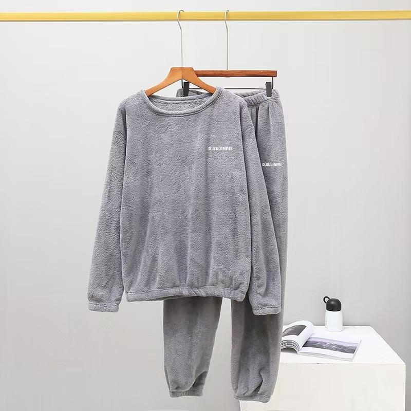 Dámské flanelové teplé domácí soupravy na spaní Jednobarevné Fleece s kulatým výstřihem Silný svetr Lady Pyžamo Kalhoty s dlouhým rukávem Běžné 2ks