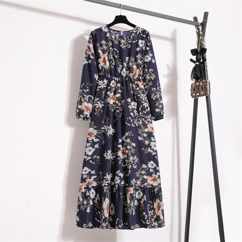 Printed Midi Waist Four Color Temperament Commuters Four Side Stretch Printed Unpadded Long Dress Dresses