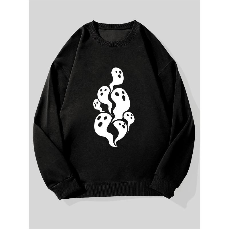 Men's Casual Round-Neck Sweatshirt With White Ghost On Blue Background.