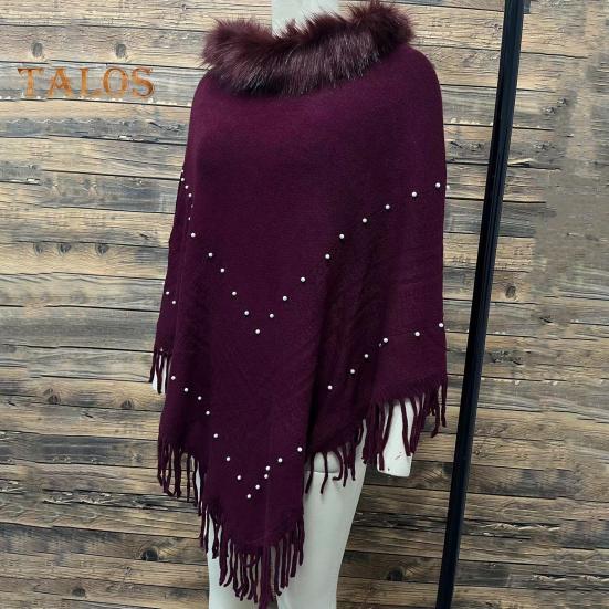 Women Fall Winter Cloak Tassel Bead Decor Faux Fur Decor Triangle Shape Solid Color Knitted Keep Warm Elastic Poncho Shrug Bohemian Style Cable Wrap
