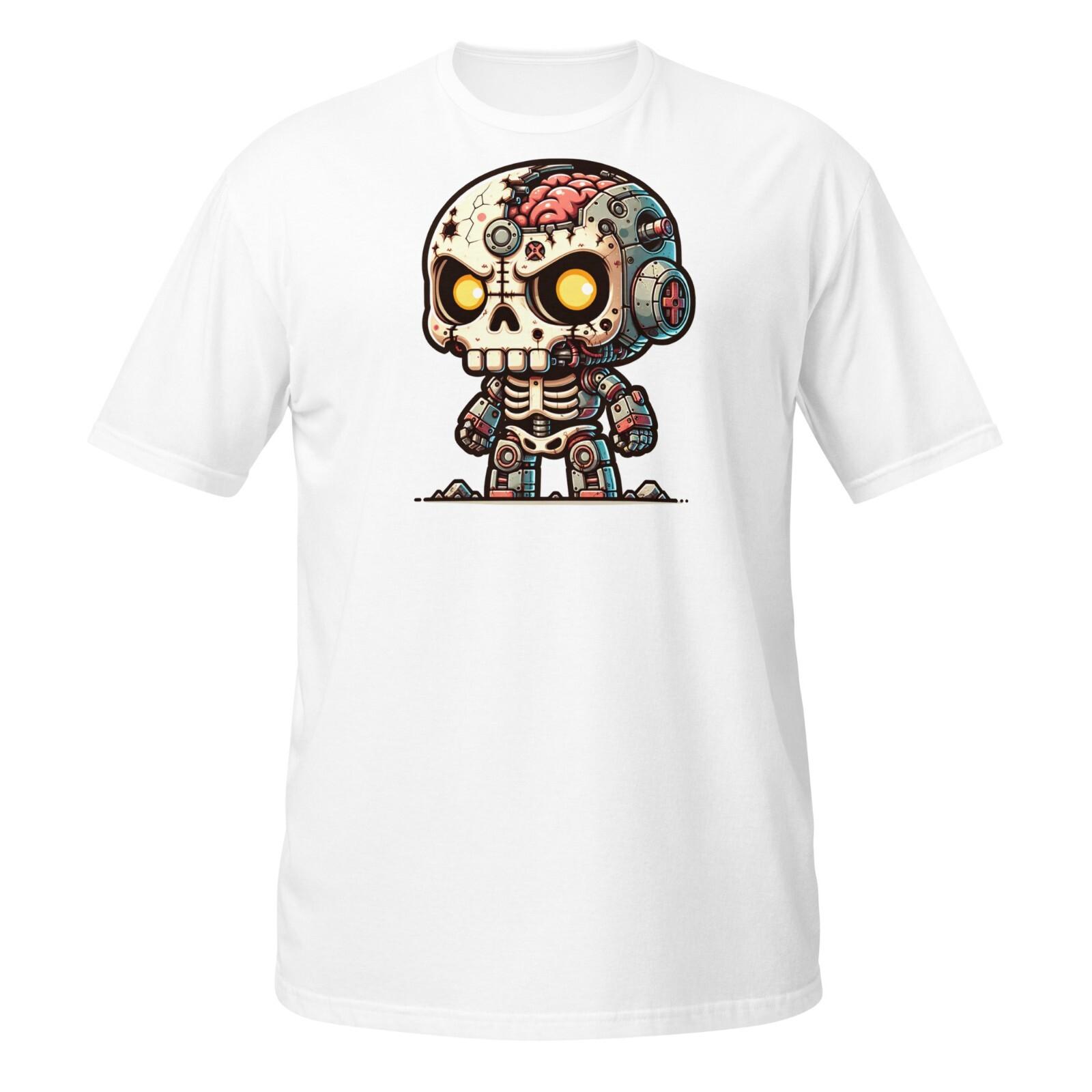 Cyborg Skull T-Shirt | Half-Robot Skeleton with Brain & Wires | Chibi Sci-Fi S