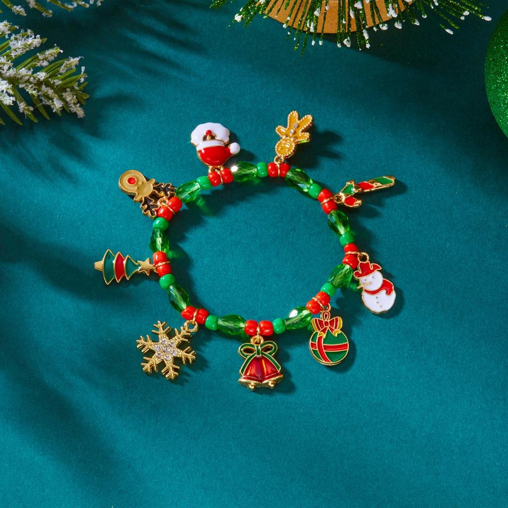 Christmas Snowflake Snowman Deer Tree Gingerbread Crutch Bell Wreath Pendant Crystal Rice Beaded Bracelets For Women Men Jewelry