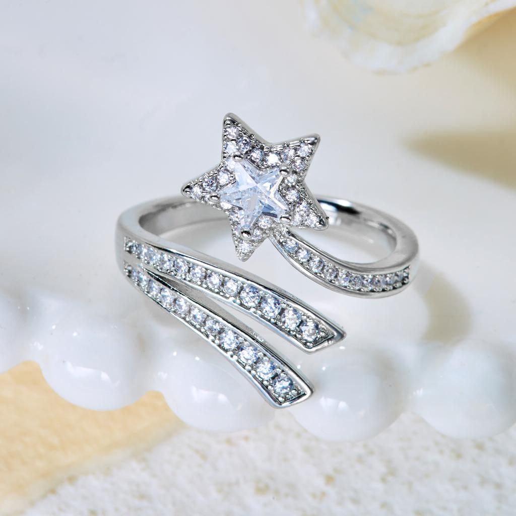 Delicate Star Opening Rings for Women Exquisite Silver Color Shining Cubic Zirconia Finger Rings Party Statement Jewelry