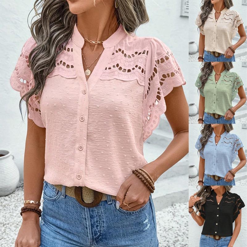 Lace-trimmed Hollowed-outCardigan with Buttons Short-sleeved T-shirt Top for Spring and Summer