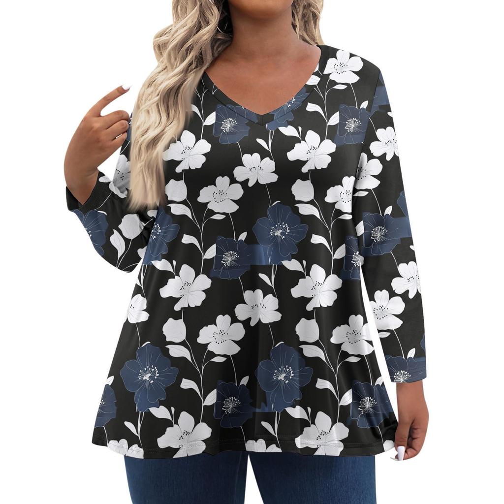 Women's Fashionable Casual Long Sleeved Plus Size Floral Print Top Plus Size Floral Print Top
