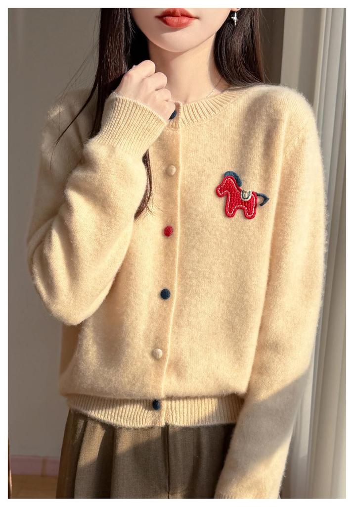 2026 Autumn/Winter Wool Sweater: Round-Neck Knit Cardigan with Colorful Buttons, Small Horse Design, Red Zodiac New Year Outerwear
