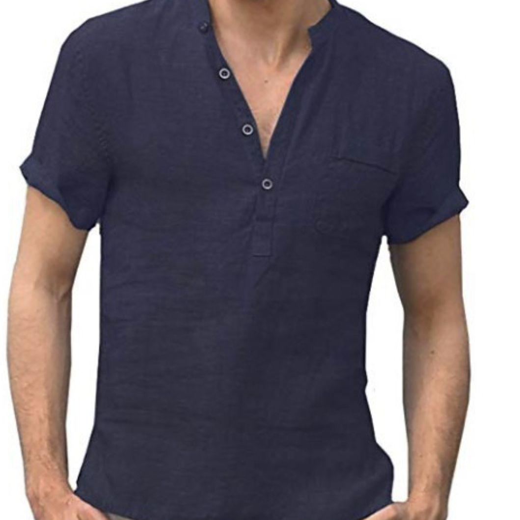 

Summer Cotton and Linen Short-sleeved Man s T-shirt Stand-up Collar Buckle Half-open Simple Short-sleeved Shirt XXXL темно-синий