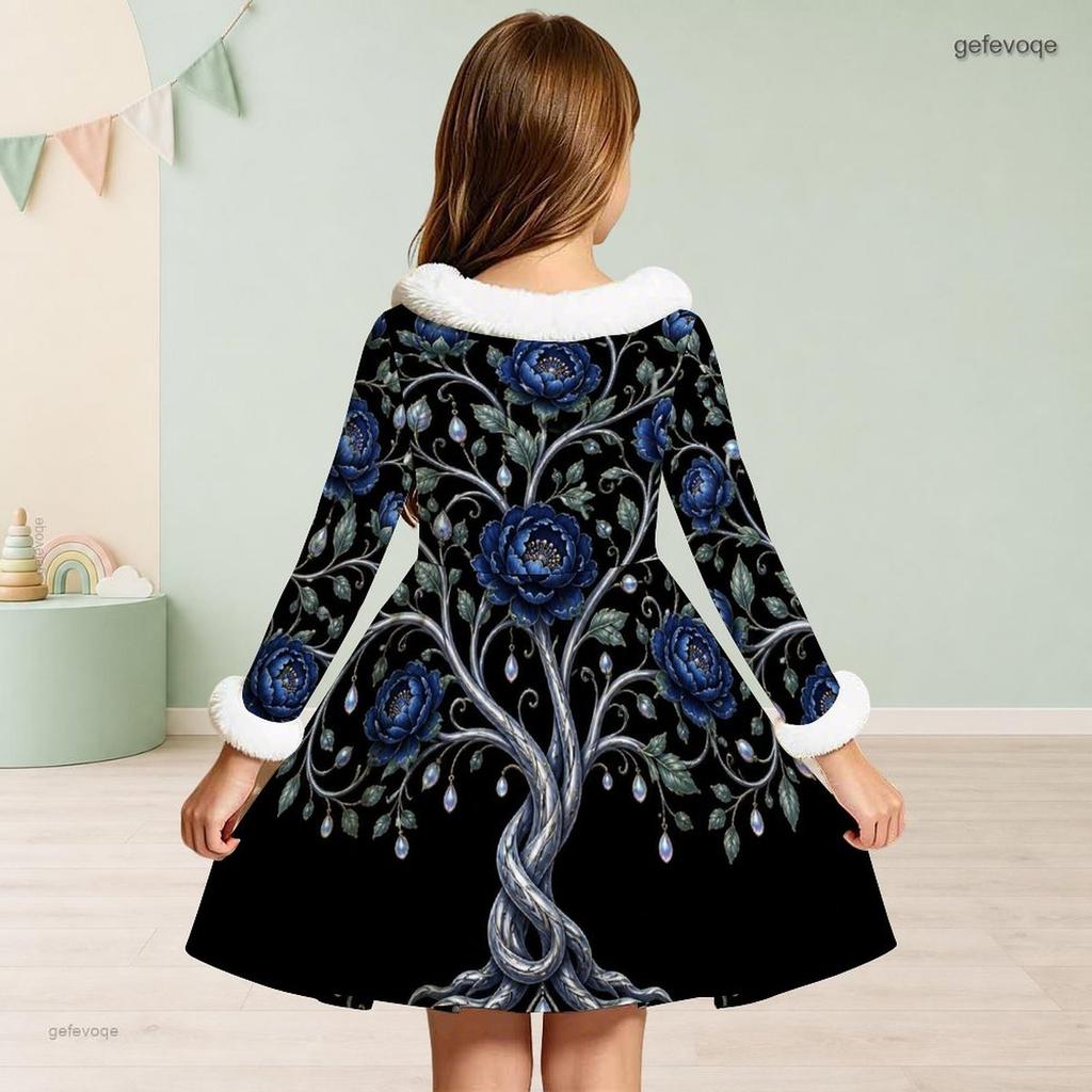 Girls Black High Neck White Furry Trim Long Sleeve Tie Waist Floral Printed A Line Flared Dress