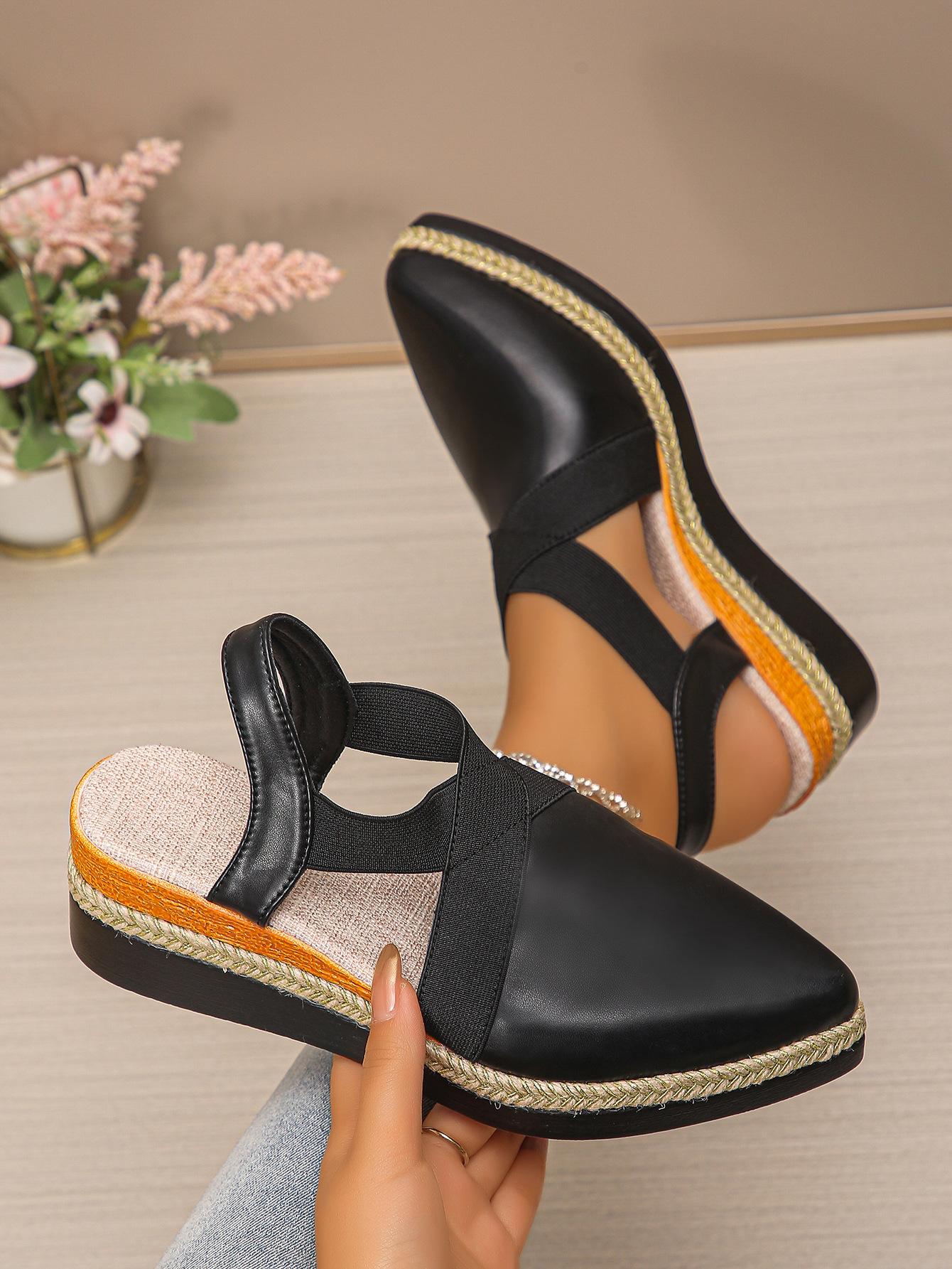 Large size 22 beautiful wedge heel sandals hemp rope wedge heel thick sole pointed head bag head sandals 36 чёрный