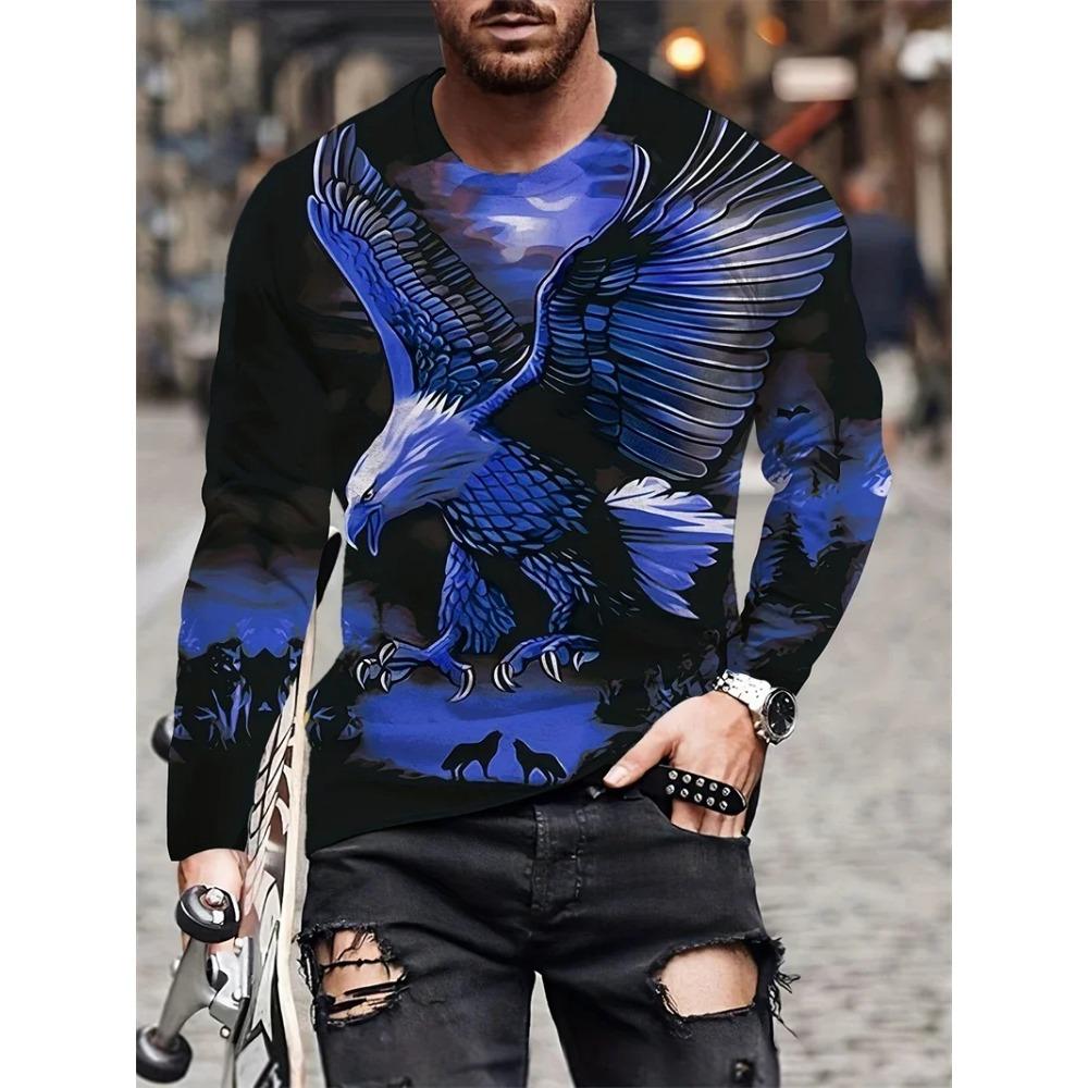 Street trend 3D eagle print men's casual round neck long sleeved T-shirt