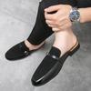 New Men's Charm Suede Leather Half Slippers Black Brown Shoes Male Casual Mules Moccasins Breathable Monk Straploafers