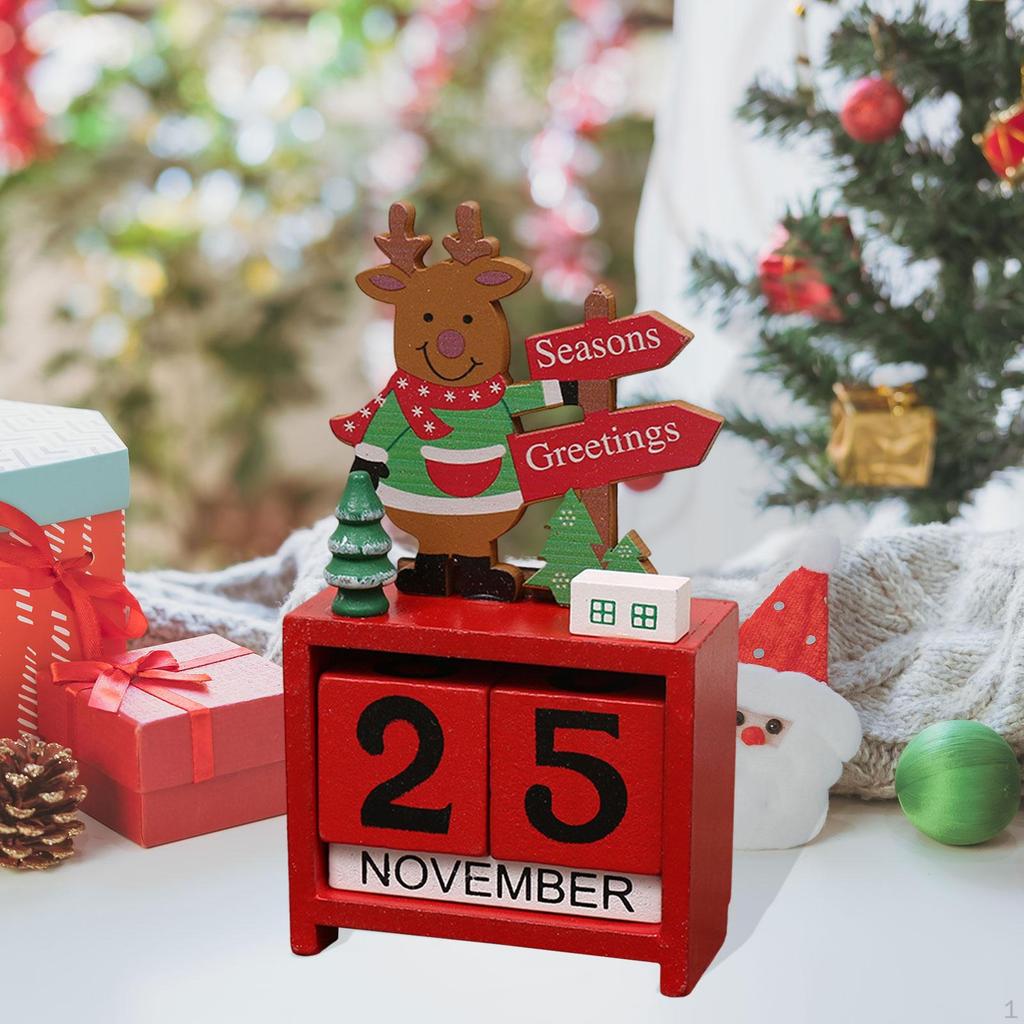 Christmas Calendar Desk Decoration, Calendar,Rustic with Number Blocks Tabletop for Office Living