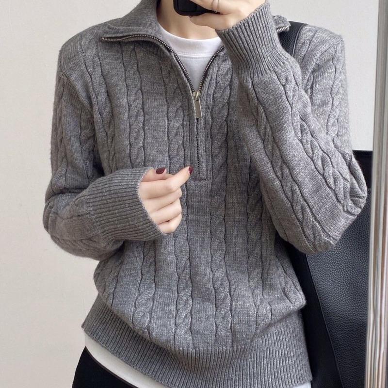 Fashionable Autumn and Winter Soft Glutinous Knitted Women's Top Retro Twisted Half Zipper Short Sweater Jacket