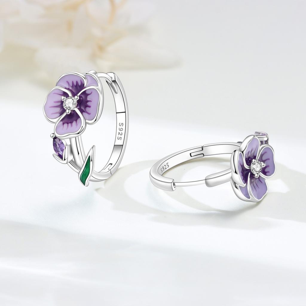 Original 925 Silver Needle Purple Violet Flowers Earrings Versatile Hoop For Women Jewelry Birthday Party Fine Gifts