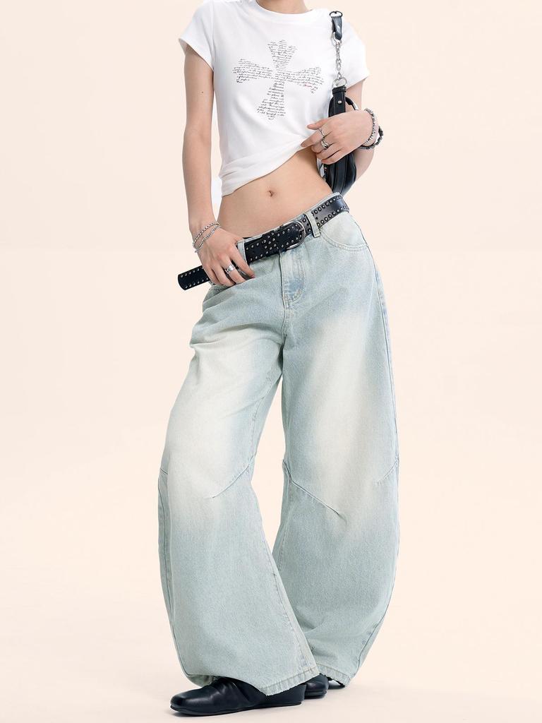 Yongfang Retro Light Blue Curved Leg Unisex Jeans - Trendy Loose-Fit Wide-Leg Pants