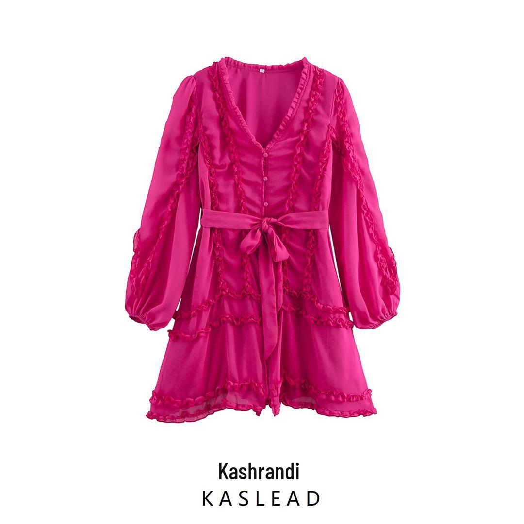 

2025 Spring Women s European-American V-Neck Chiffon Ruffle Long Sleeve Dress Large