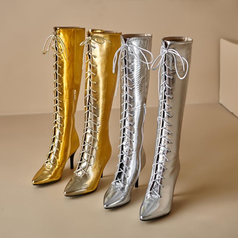 Oro Argento Stivali Donna Inverno Punta Affusolata Stringati Tacchi Alti Scarpe Performance Gruppo Ballo Festa Stivali Alti al Ginocchio Femminili