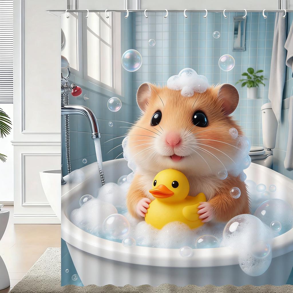 Cute 3D Cartoon Penguin Bathing with Bubbles Waterproof Shower Curtain - Fun Bathroom Decor