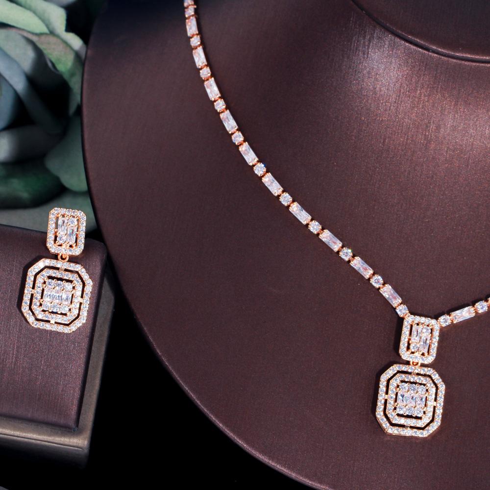 CMM Shiny Baguette Zirkonia Hochzeit Braut Party Halskette Ohrringe Mode Gold Farbe Schmuck Sets Zubehör