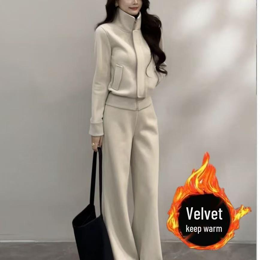 Women's Winter Outfit: Stand Collar Velvet Sweatshirt + Wide-Leg Pants Set