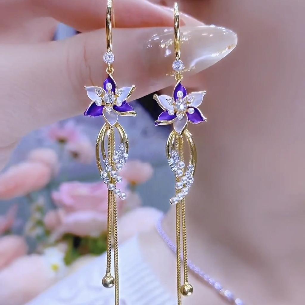 Purple Flower Long Earrings, New Fashionable Tassel Earrings, High-end Pearl Earrings, Light Luxury