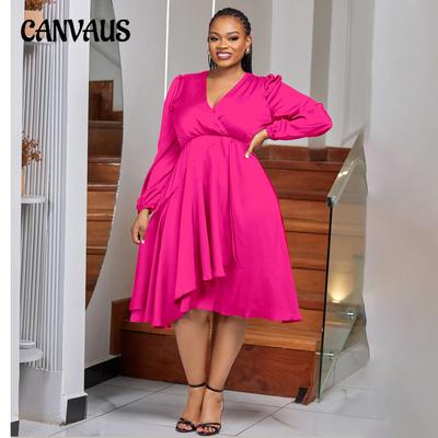 Vestido feminino plus size de primavera e outono com manga comprida e cintura elástica e decote em V