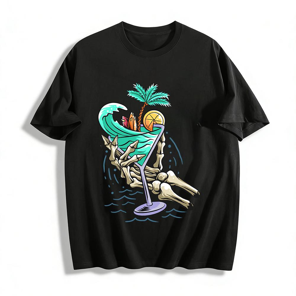 

Skeleton Hand Beach Cocktail Graphic Casual Short Sleeve Tee Pure cotton T-shirt XXS