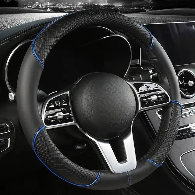 Full Leather Stitching Line Car Steering Wheel Cover, Three-dimensional Anti Slip, Timple and Fashionable.Four Season Universal