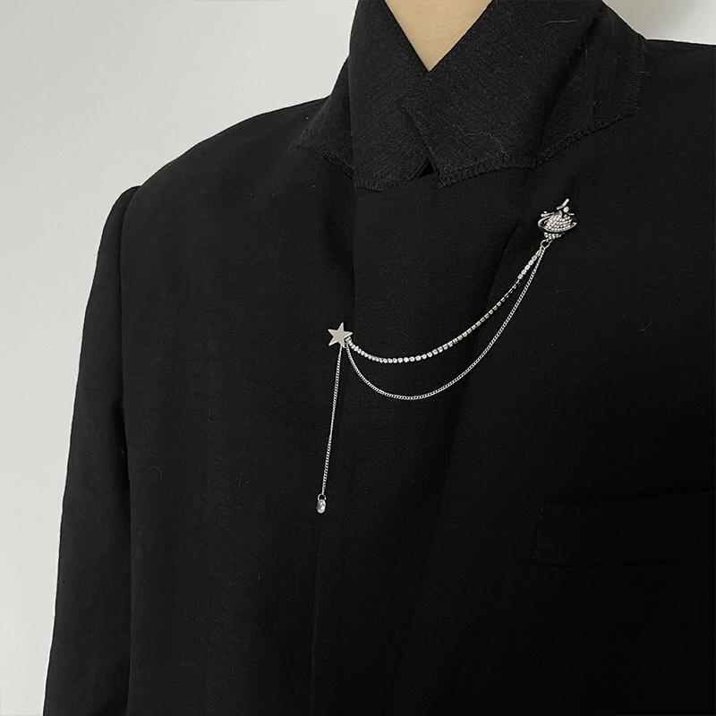 Chain Tassel Planet Suit Pin Brooch Single-Stitched Corsage Mourning Brooch