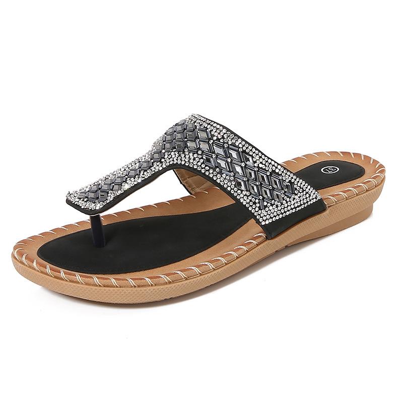 New Bohemian Cool Slippers Women's Summer Rhinestones Evening Wind Flat Bottom Round Head Pinch Feet Open Toes