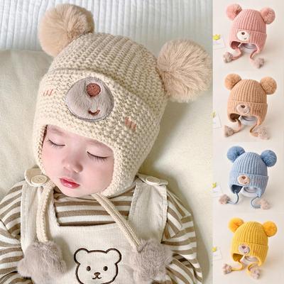 Kış Bebek Kulaklıklı Şapka Sıcak Kalın Örme Kulak Koruyucu Çocuklar Erkek Kız için Sevimli Ponpon Pamuk Astar Bere Şapkalar