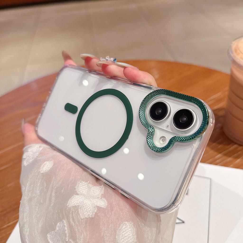 For iPhone 16 Case Compatible with MagSafe PC + TPU Clear Phone Cover with Diamond Texture Lens Frame