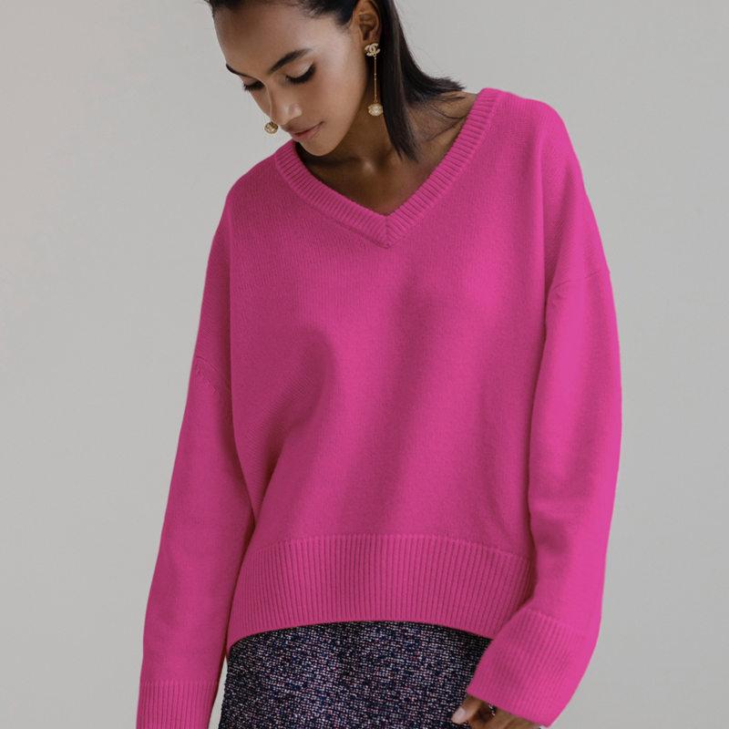 Women Autumn Winter Knitted Tops For Ladies V Neck Long Sleeve Loose Solid Color Causal Sweater