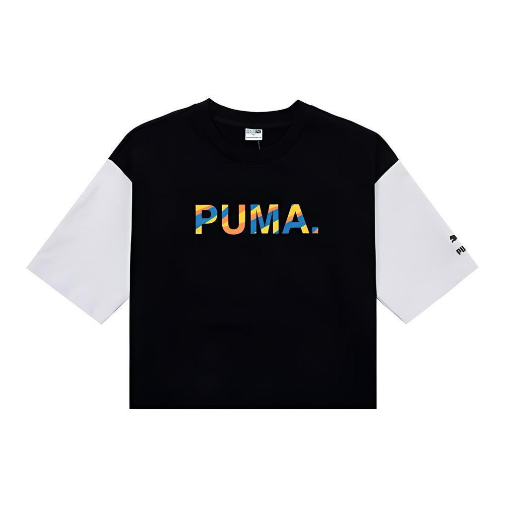 Puma Color Block Cropped Tee Logo Round Neck Short Sleeve T-Shirt Women Tops Black 535007-01