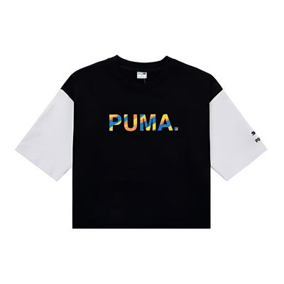 Puma Color Block Cropped T-Shirt Logo Rundhals Kurzarm T-Shirt Damen Oberteile Schwarz 535007-01