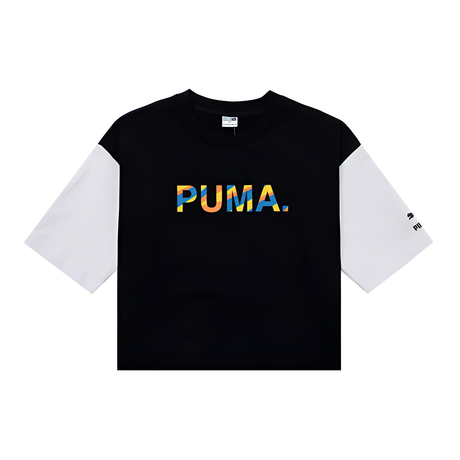 

Укороченная футболка Puma Color Block с логотипом, круглым вырезом и коротким рукавом, женские топы, черный цвет 535007-01 XL