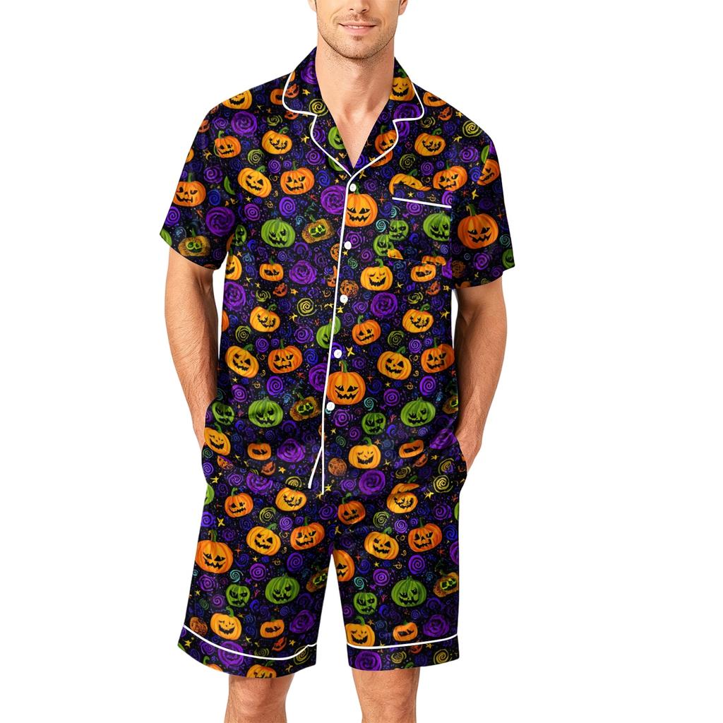 Men's Short Sleeve Pajama Set Button Down Shirt with Curved Hem and Matching Shorts Soft Casual Sleepwear S To XXXXL