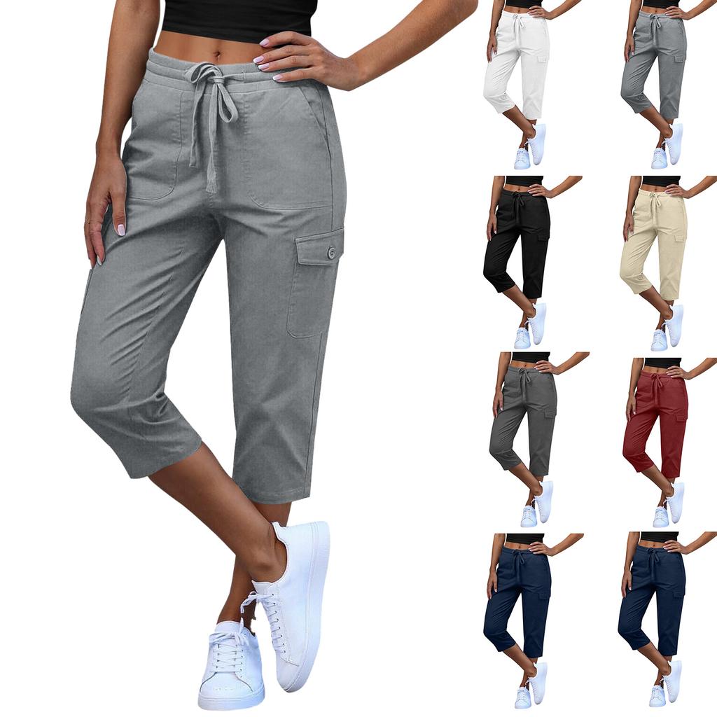 Women Elastic High Waist 3/4 Pant Casual Fit Wide Capris Leg Pants Trousers With Pockets