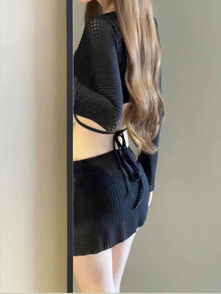 4Pcs Swimsuit Women Fashion Solid Padded Bikinis Sets Bathing Suit Sexy Beach Party Cover Up Long Sleeve Crop Tops and Wrap Skirt