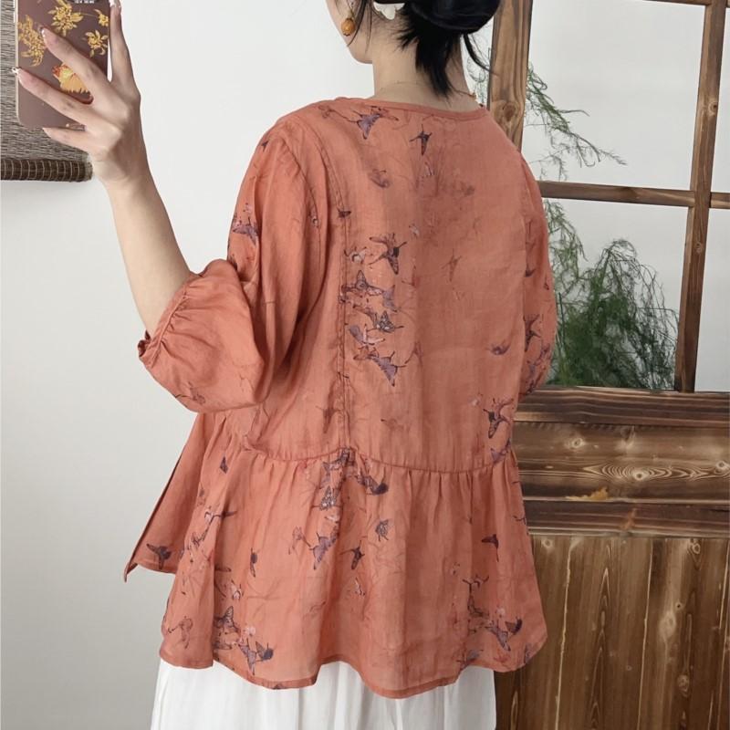 Johnature Spring Print Floral Shirts Women V-Neck Half Sleeve Tops Belt Loose Chinese Style Women Shirts