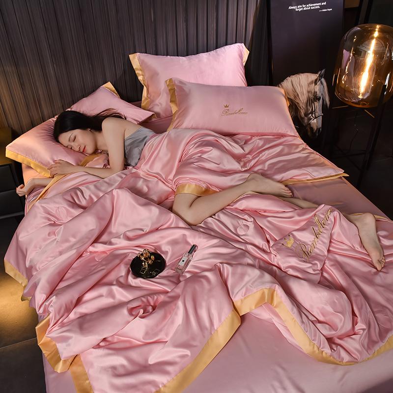 Luxury Embroidery Ice Silk Summer Cool Quilts Bedroom Nap Air Conditioner Quilted Soft Comforter Blanket Set European Style 2024