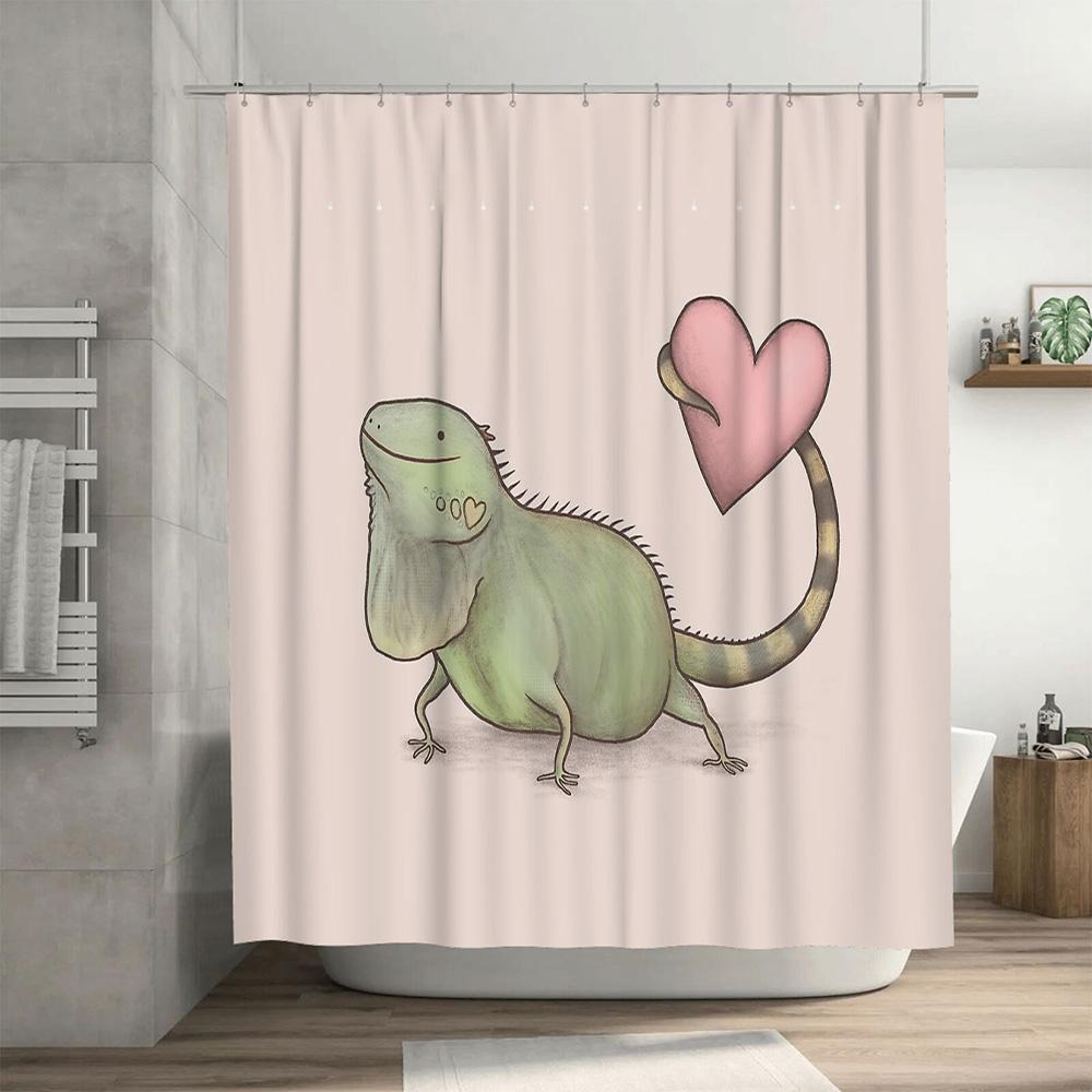 Cute Iguana Shower Curtain Tropical Forest Animal Pattern Bathroom Decor Nature Theme Waterproof Fabric Washable
