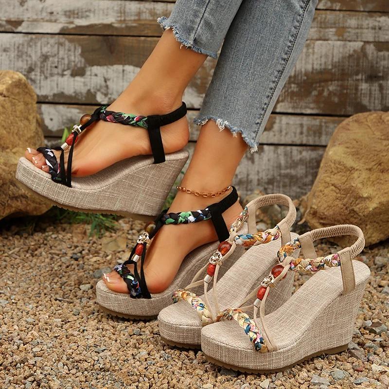 Fashion Bohemian Style Women's Wedge Sandals Beaded Decor Chunky Platform Sandals for Women Summer 2025 Printed Weaving Beach Sandalias